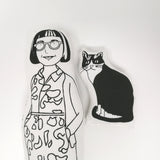 Close up of fabric doll of Philippa Perry and Kevin the cat doll.