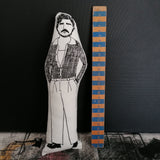 Black and white screen printed fabric doll of Pedro Pascal.