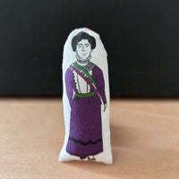 Mini illustrated fabric doll gift featuring feminist icon and most famous suffragette, Emmeline Pankhurst.