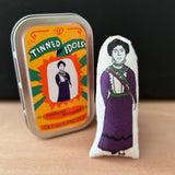 Mini illustrated fabric doll gift featuring feminist icon and most famous suffragette, Emmeline Pankhurst and keepsake tin.