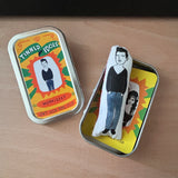 Mini illustrated fabric doll gift featuring singer songwriter Morrissey, with a keepsake tin.