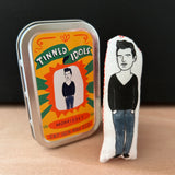 Mini illustrated fabric doll gift featuring singer songwriter Morrissey, with a keepsake tin.