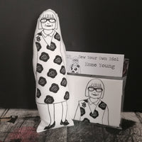 Black and white screen printed doll and craft sewing kit featuring an illustration of The Great British Sewing Bee host Esme Young.
