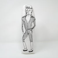 Black and white screen printed fabric doll of David Bowie against a background