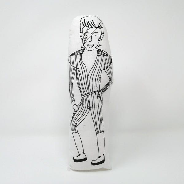 Black and white screen printed fabric doll of David Bowie against a background