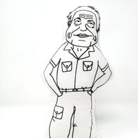 A black and white screen printed fabric doll of David Attenborough