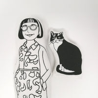 Close up of fabric doll of Philippa Perry and Kevin the cat doll.