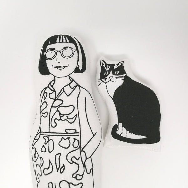 Philippa Perry and Kevin the cat black and white screen printed fabric dolls.
