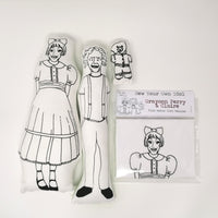 Black and white screen printed fabric doll and craft kit of Grayson Perry, Claire and Alan Measles