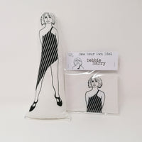 Black and white screen printed fabric doll and craft kit featuring Debbie Harry.