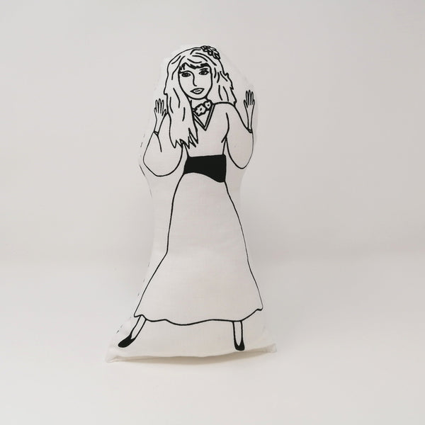 Black and white scren printed fabric doll of pop singer Kate Bush