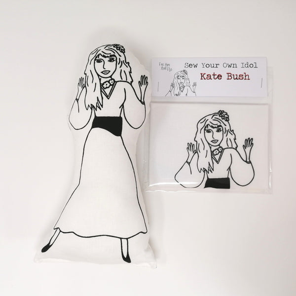 Black and white fabric doll and craft kit of singer Kate Bush.