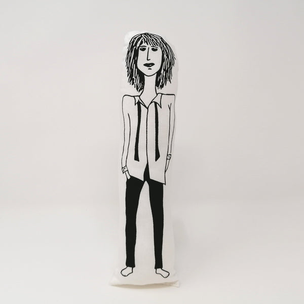 Monochrome fabric Patti Smith doll on a white background.