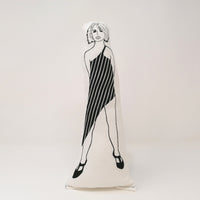 Black and white fabric screen printed doll of Blondie singer, Debbie Harry