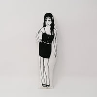 Black and white screen printed doll of singer Amy Winehouse
