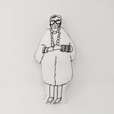 Black and white screen printed fabric doll of Iris Apfel
