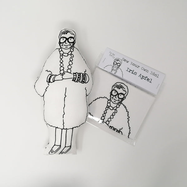 Screen printed black and white fabric doll and craft kit of Iris Apfel