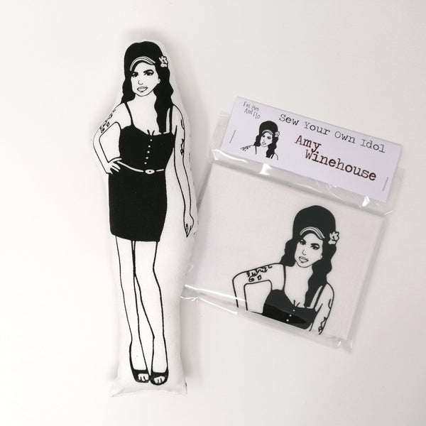 Amy Winehouse fabric doll and sew your own craft kit on white background