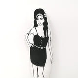 Amy Winehouse screen printed doll. Black and white doll on white background. 