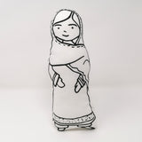 Monochrome fabric doll of Malala Yousafzai.