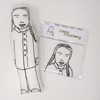 Greta Thunberg, climate activist, monochrome fabric doll. Sew your own Greta kit