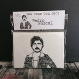 A Sew Your Own Idol kit of Pedro Pascal against a black wall.
