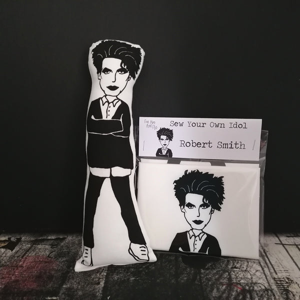 Robert Smith fabric fan art doll and craft kit against a black backdrop.