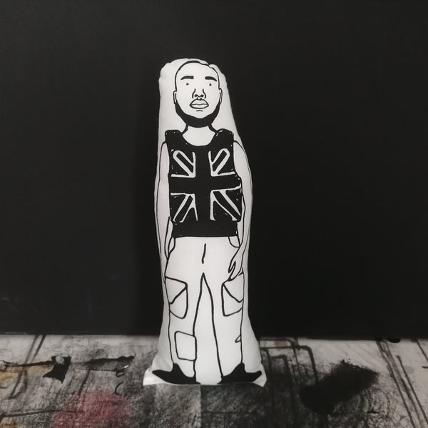 Black and white fabric screen printed cushion doll featuring an illustration of Stormzy.