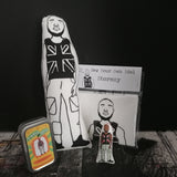 A selection of gifts featuring Stormzy, including a black and white fabric screen printed cushion doll, a mini doll and a craft kit.