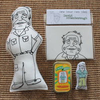 David Attenborough monochrome fabric doll, sew your own David Attenborough  doll kit and mini David doll in a tin