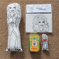 Dolly Parton fabric doll, sewing kit and mini doll in a tin