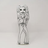 Black and white screen printed fabric doll of Dolly Parton.