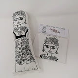 Frida Kahlo black and white fabric doll with a sew your own Frida kit