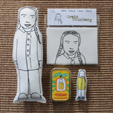 Selection of Greta Thunberg gifts. Monochrome fabric doll, sew your own Greta kit and mini doll in a tin