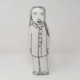 Black and white screen printed fabric doll of Greta Thunberg