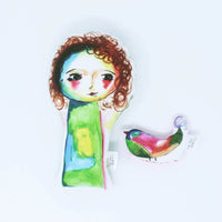 Adeline and her pet bird, Greta. Watercolour illustrated soft toys on white background. 