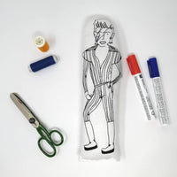 David Bowie black & white fabric doll and pens, thread and scissors