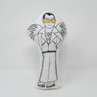 Screen printed fabric doll of Elton John featuring rhinestone glasses and hand coloured details