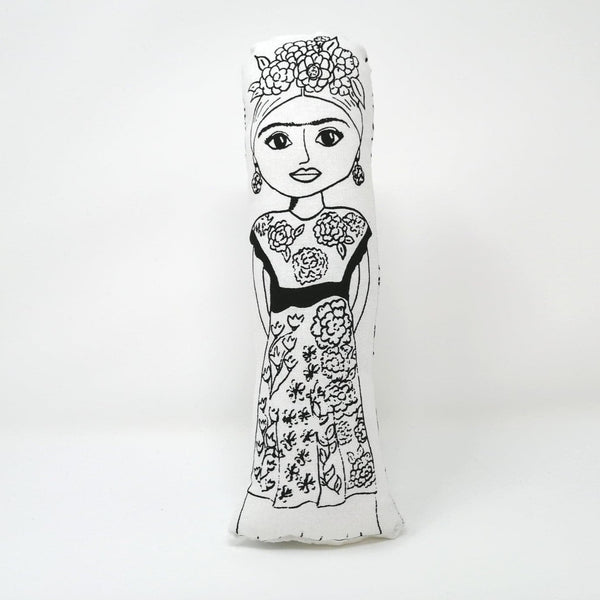 Black and white screen printed fabric doll of Frida Kahlo