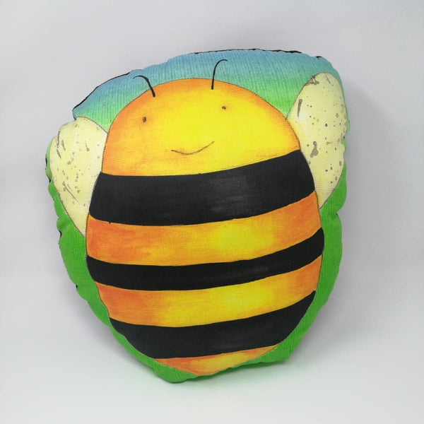 Bombus the Bee. Watercolour illustration of a happy bee printed onto a soft cushion. On White Background. 